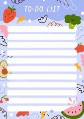 Poster - Planner paper, to-do list page design. Cute notebook, notepad, blank background, fruit and vegetables frame in doodle style. Modern office organizer, school diary template. Flat vector illustration