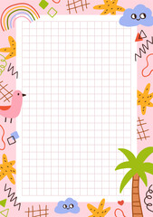 Poster - Notepad paper, cute funny page design. Kids diary background, framed with doodle style grid, cloud, rainbow, palm tree. Modern school planner, notebook template. Colorful flat vector illustration