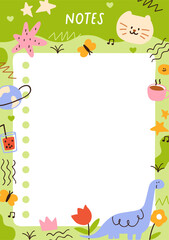 Poster - Notepad paper, note book page design. Cute diary with doodle animals and scribbles frame. Blank background for modern notebook, organizer, planner, journal. Colorful flat vector illustration