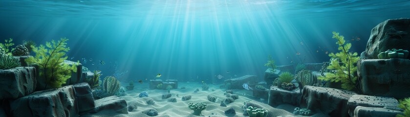 Wall Mural - A blue ocean with a rocky shoreline and a few fish swimming in the water