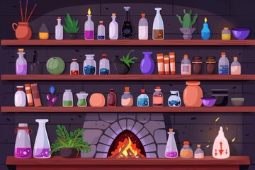 Wall Mural - a witch’s potion shop, showcasing mysterious items and magical ingredients.