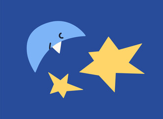 Poster - Crescent and stars in blue night sky. Cute dream, sweet sleep. Happy sleepy moon character slumbering at nighttime, zzz. Childrens funny fairytale card. Kids childish flat vector illustration