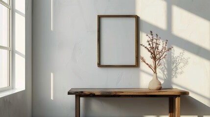 Canvas Print - Decorative table with photo frame and open area against a sunny day and white wall