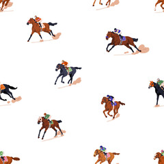 Poster - Jockeys on running racing horses, seamless pattern. Endless repeating print, racehorses in action, galloping. Equestrian sport, horseracing background for wrapping, textile. Flat vector illustration