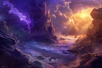 fantasy landscape with stormy sky and rocky beach