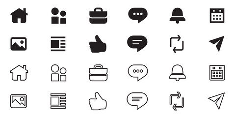 linkedin icon set. social media icons home, my network, jobs, message, event, like, comment, send, e