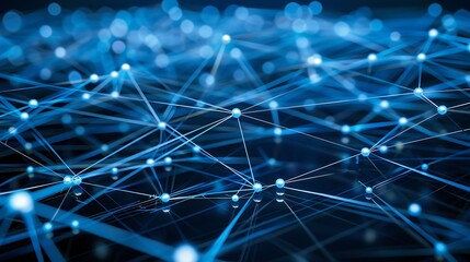 Fototapete - Vibrant abstract image depicting a network of glowing blue nodes connected by lines. This futuristic design represents connectivity and the interconnectedness of modern technology.