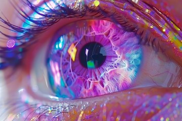 Canvas Print - Vivid pink eye with intricate patterns symbolizing creativity and futuristic vision in a colorful surreal setting.