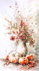 Poster - A watercolor painting depicts a white vase filled with a bouquet of fall flowers. The vase sits on a table with pumpkins and apples scattered around it. Red and orange leaves are scattered on the tabl