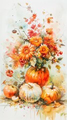 Aufkleber - A watercolor painting depicting a vibrant autumn still life. A vase filled with bright orange and red flowers sits amongst three pumpkins, one large and orange, one smaller and white, and one smaller 