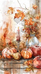Poster - A watercolor painting of an autumn still life. There is a wooden table with a lit candle in a candlestick, surrounded by pumpkins, apples, and fallen leaves. The background features a vase with a bouq