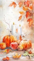 Aufkleber - A watercolor painting depicts a still life of pumpkins, apples, a pear, and candles, set on a wooden table. Dried leaves and branches fall over the objects, suggesting a fall or autumn setting. The pa