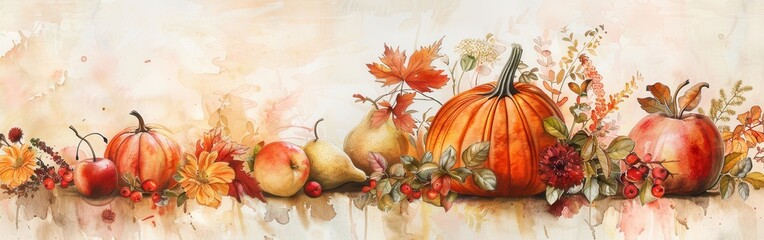 Poster - A watercolor painting depicts an arrangement of autumnal fruits, including pumpkins, apples, and pears, surrounded by leaves and flowers. The painting is done in a soft, romantic style with a muted co