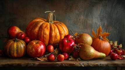 Poster - A rustic wooden table displays a still life arrangement of autumn harvest bounty. A large orange pumpkin sits center stage alongside a smaller pumpkin, multiple apples, and two pears. Autumn leaves, v
