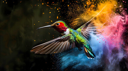 Vibrant Hummingbird in Colorful Powder Explosion Mid Flight  Stunning image of a hummingbird captured in dynamic motion surrounded by a burst of vivid colorful powder clouds