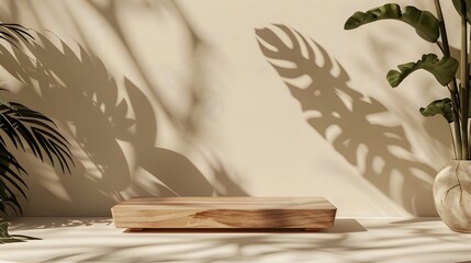 wood podium with tropical leaf on beige background