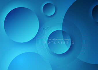 Wall Mural - Bright blue glossy circles and lines abstract minimal geometric background. Vector tech design