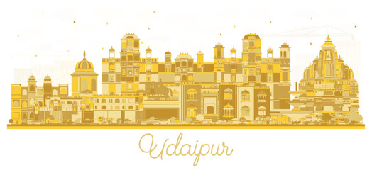 Wall Mural - Udaipur India City Skyline silhouette with golden Buildings Isolated on White. Business Travel and Tourism Concept with Historic Architecture. Udaipur Cityscape with Landmarks.