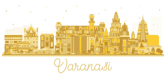 Canvas Print - Varanasi India City Skyline silhouette with golden Buildings Isolated on White. Business Travel and Tourism Concept with Historic Architecture. Varanasi Cityscape with Landmarks.