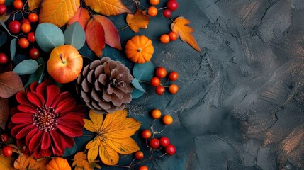 Poster - Autumnal Still Life with Bright Flowers, Leaves, and Harvest Fruits on Textured Background