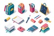 © A to Z - Big school supplies collection, Back to school student equipment isolated watercolor elements. Backpack, notebooks, colored pencils and crayons, stationery and writing tools, Education concept set