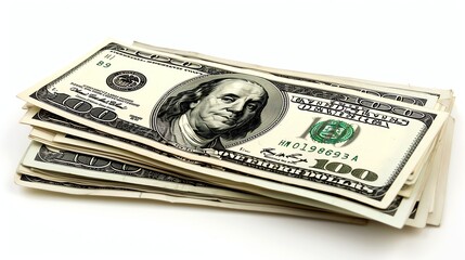 A stack of one hundred dollar bills, isolated on a white background.