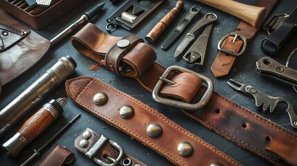 Top view of leather craft tools and accessories on a dark background.