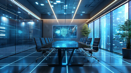 a high-tech meeting room, holographic presentation, glass walls