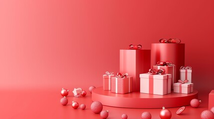 Poster - 3D rendering of a red and pink podium with a stack of pink gifts on it. The podium is surrounded by red and pink balls.