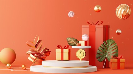 Poster - This is a 3D rendering of a podium with a Bitcoin on it. There are also several gifts on the podium, and some palm leaves and baubles floating around.
