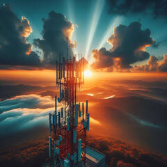 A stunning image of an outdoor cell tower taken at sunset with clouds in the sky