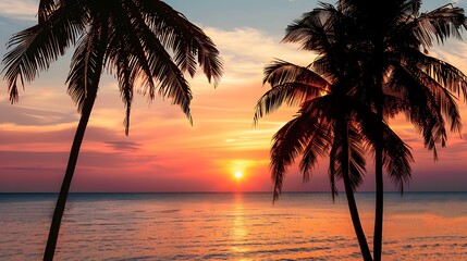 Wall Mural - Picturesque sunset over the ocean with palm trees silhouetted against the vibrant sky.