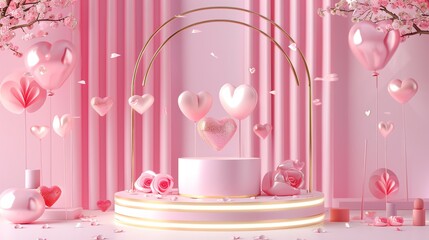 Fototapete - This is a 3D rendering of a pink and gold podium with a pink heart-shaped balloon and a pink curtain in the background.