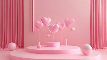Fototapete - This is a 3D rendering of a pink heart-shaped balloon. The balloon has a pink background and is surrounded by a pink curtain.