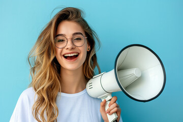 Attractive happy woman shouting loud at megaphone isolated on pastel blue background, protesting with speaker in hands. 