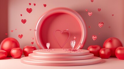 Fototapete - This is a 3D rendering of a pink podium with a heart-shaped spotlight.