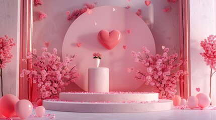 Fototapete - This is a beautiful 3D rendering of a pink and white podium with a pink heart-shaped balloon in the center.