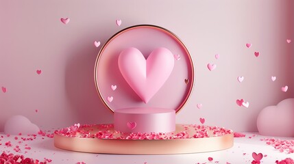 Poster - This is a 3D rendering of a pink heart on a pink podium with a pink background.
