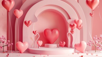 Fototapete - This is a 3D rendering of a pink podium with a large red heart in the center.