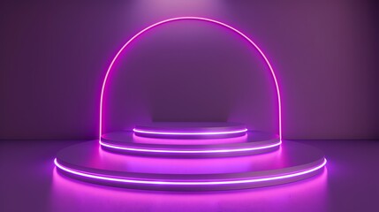 Poster - 3D rendering of a purple neon podium with a circular spotlight. The podium is made of three steps and has a glossy surface.