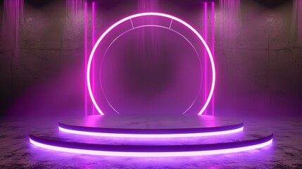 Fototapete - 3D rendering of a glowing pink neon circle and podium against a dark background.