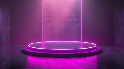 Poster - glowing purple neon circle podium in dark room. futuristic pedestal for product showcase. empty stag