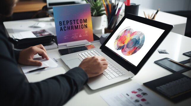 Close-up of a graphic hands working on a digital tablet with design elements and typography visible on the screen, set against a clean desk with various design materials and a laptop