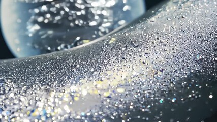 Poster - Glistening Water Droplets on Curved Surface Reflecting Morning Light in a Serene Outdoor Setting. Generative AI