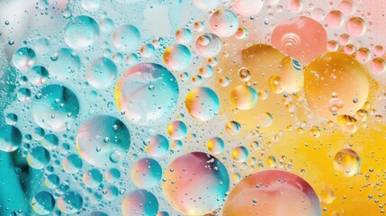 Poster - Bright oil and water bubbles create an abstract colorful composition against a light backdrop