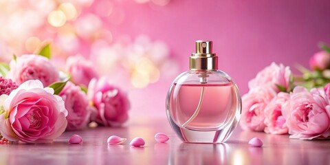 Pink perfume bottle with flowers in foreground and background on pink backdrop, pink, soft, accessory, fragrance, pastel, background, elegance, stylish, bottle, romantic, feminine