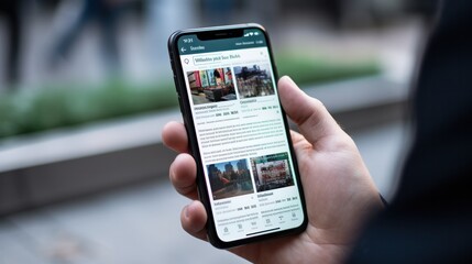 Poster - Over-the-shoulder view of a person browsing an online news website on a cellphone, with a clear screen displaying headlines and images