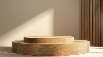Poster - this is a 3d rendering of a wooden podium or stage with a beige background. the podium is made of na