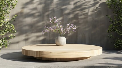 Poster - 3D rendering of a minimalist scene with a wooden table, a vase of flowers, and a concrete wall in the background.