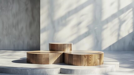 Poster - Three wooden podiums of different heights on a white concrete floor against a white concrete wall with shadows from the window on the right.